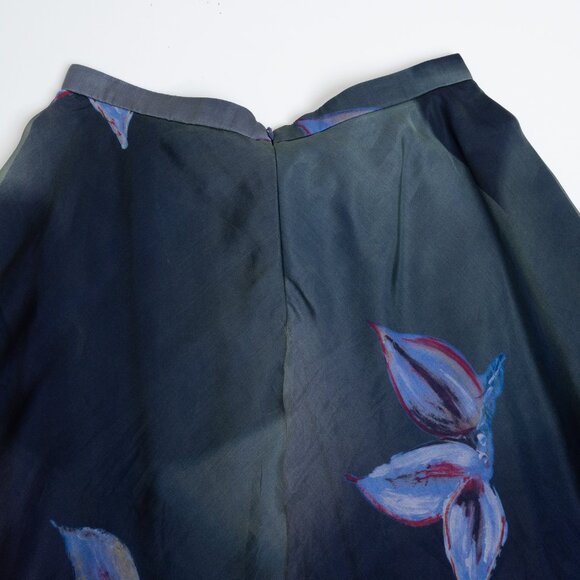 Silk Midi Skirt Floral A-lined Lined Blue Ombre - Picture 7 of 13